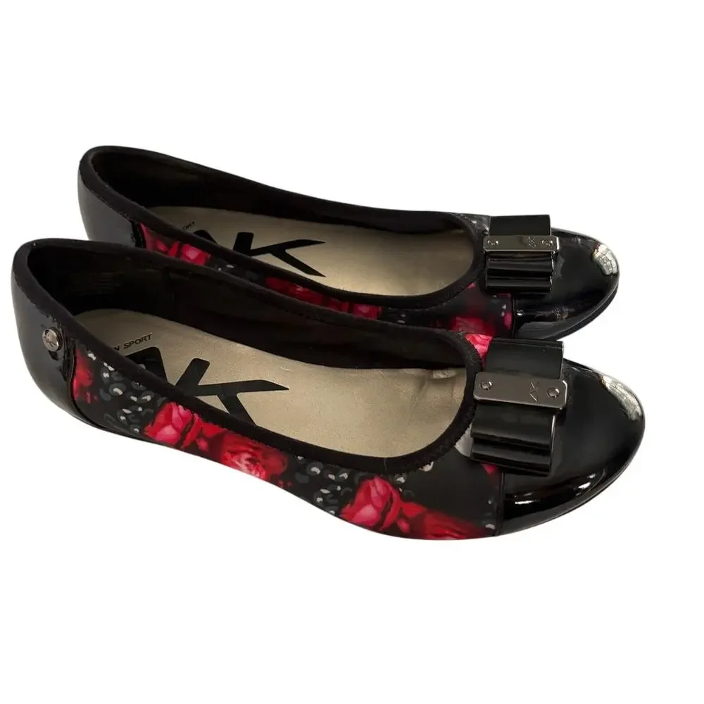 Anne Klein Sport Ballet Flats Womens Size 8M Black Red Rose Floral Patent Bow